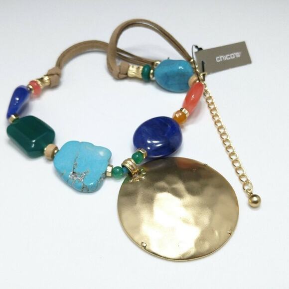 Chico’s Multicolor Beaded Necklace Gold Pendant Suede Cord NWT Statement - Picture 7 of 16